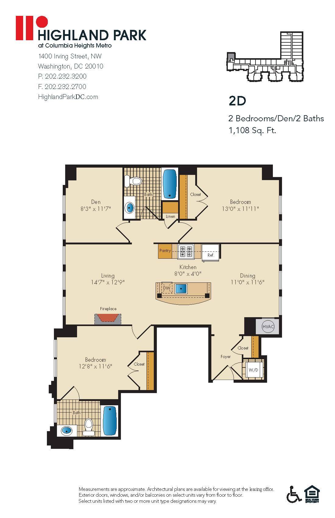 Floor plan for 2 beds, 2 baths, 1108 sqft
